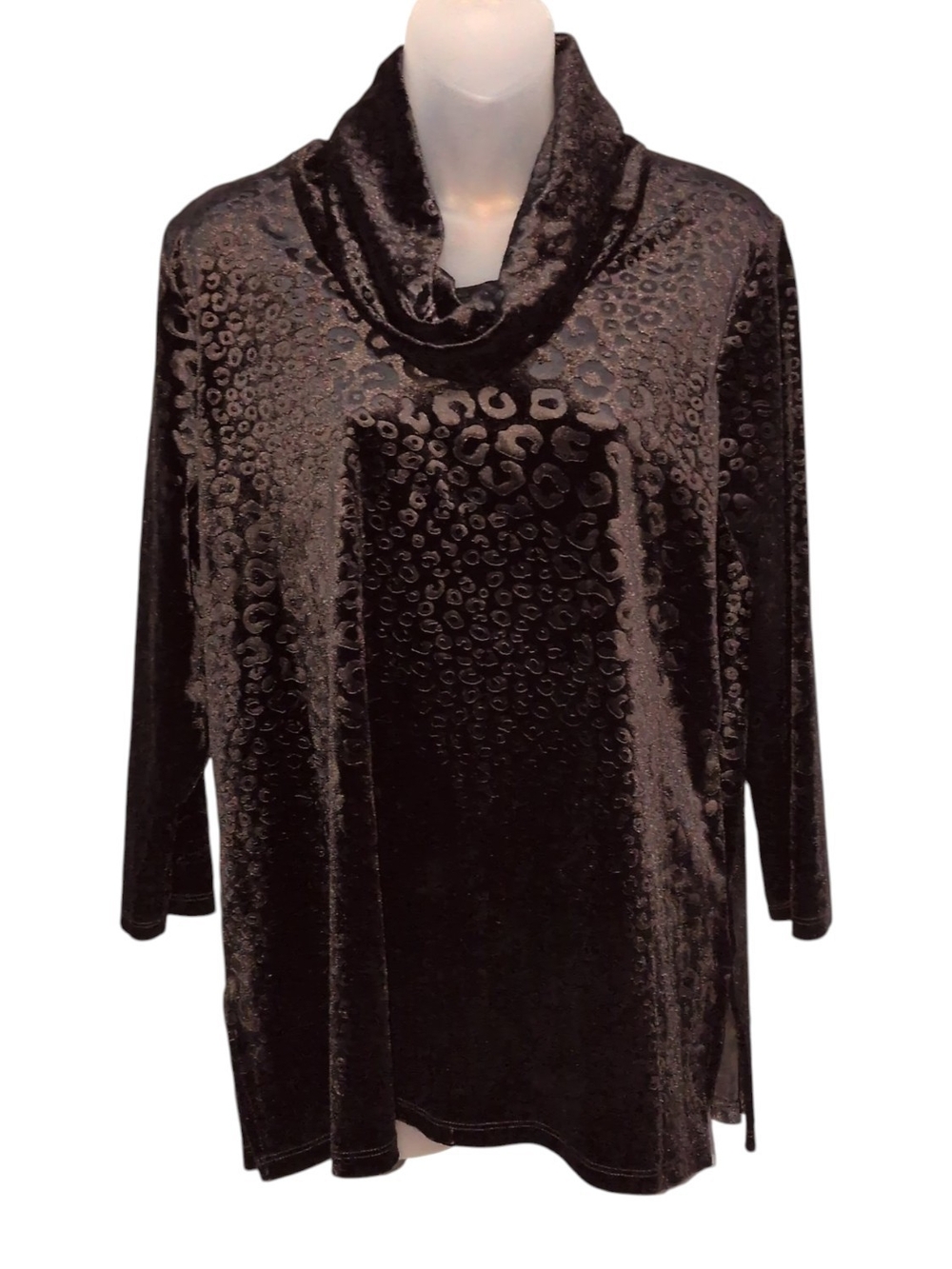 Ruby Rd Black Embossed Velvet Velour Leopard Cowl Neck Top M Burnout Style